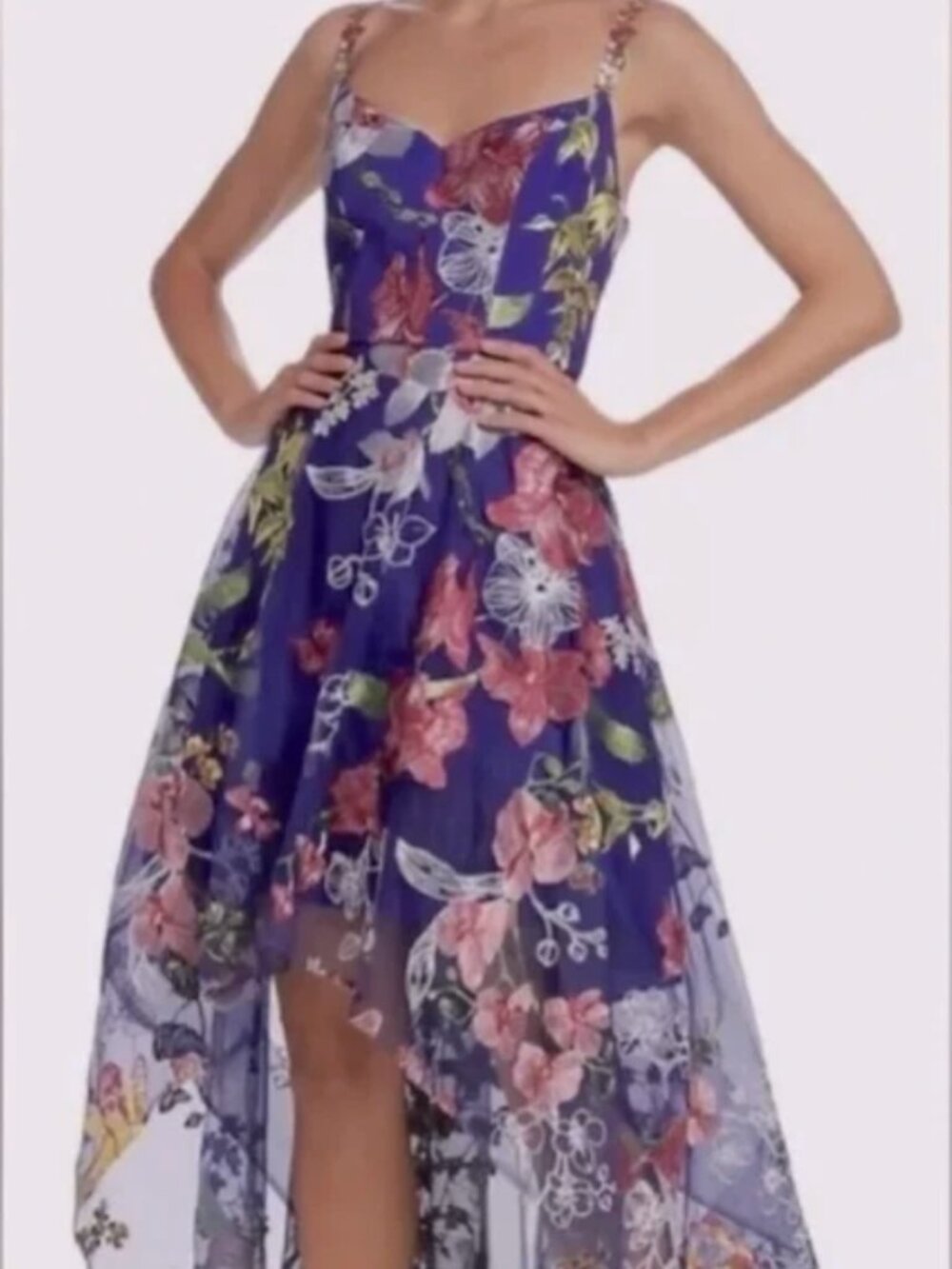 Marchesa Notte Floral Embroidered High-Low Gown Cobalt Blue Size 6 Dress